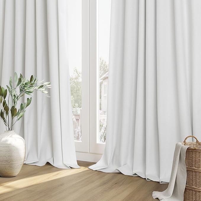 Guken White 100% Blackout Linen Curtains 52 Inch Wide by 88 Inch for Living Room Bedroom Back Tab/Rod Pocket Thermal Insulated Black Out Linen 2 Drapes Room Darkening Window Curtains