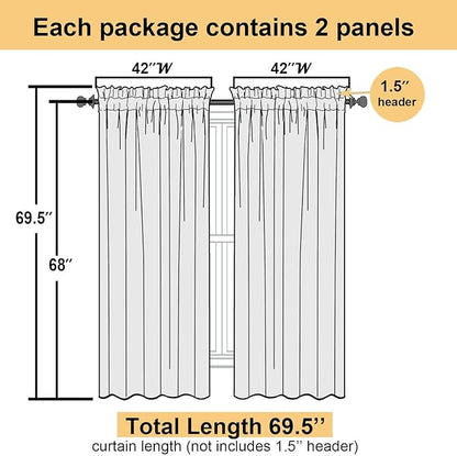 Lecloud White Sheer Curtains 68 Inch Length 2 Pcs, Voile Dual Rod Pocket Living Room Curtains for Bedroom, Elegant Window Treatments with Light Filtering Drapes for Bathroom, Each Panel 42" W x 68" L