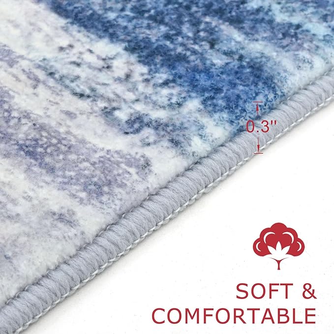 KOZYFLY Modern Abstract Small Area Rugs, 2x3 Washable Kitchen Rug Non-Slip Soft Small Bathroom Rug, Blue/Grey/Beige Striped Entryway Rugs Abstract Print Faux Wool Doormat for Bedside Entrance Bedroom