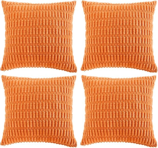 Fancy Homi 4 Packs Orange Fall Decorative Throw Pillow Covers 24x24 Inch for Couch Living Room Bed Sofa, Halloween Pumpkin Autumn Home Decor, Soft Cute Plush Corduroy Striped Cushion Case 60x60 CM