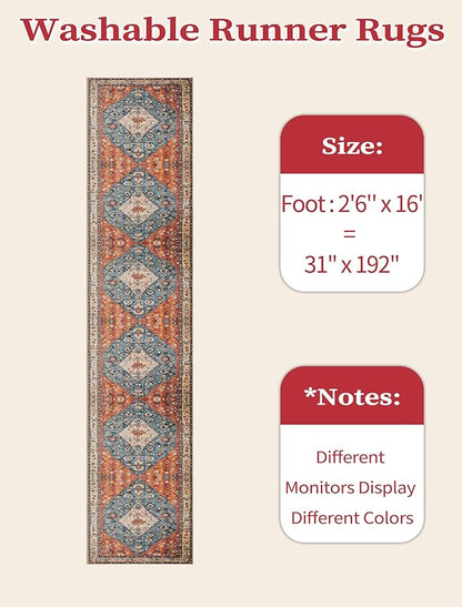 SERISSA Runner Rug for Hallways, 2'6"x16' Washable Non Slip Kitchen Runner Rug, Extra Long Boho Rug Ultra Soft Vintage Tribal Print Floor Carpet for Bedroom Hallway Entryway Bathroom Laundry Room