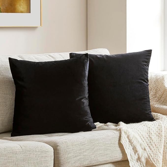 GIGIZAZA Black Velvet Pillow Covers 22x22,Decorative Square Throw Pillows Modern Covers Big Solid Living Room Pillow Cases for Couch Pack of 2