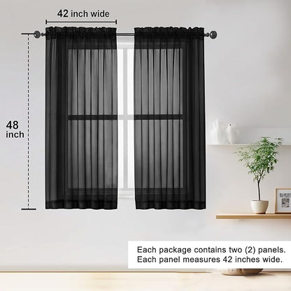 OWENIE Sheer Black Curtains 84 Inch Length 2 Panels Set for Living Room Bedroom, Rod Pocket Voile Sheer Panel Drapes, Black, 2pcs, Each 42" W x 48" L