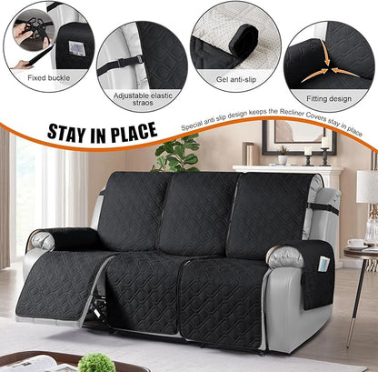 VANSOFY Waterproof Recliner Couch Covers, Sofa Covers 1-Piece Washable Reclining Sofa Cover Non-Slip Furniture Protector with Elastic Straps Pocket for Dogs, Pets(Black,3 Seater)