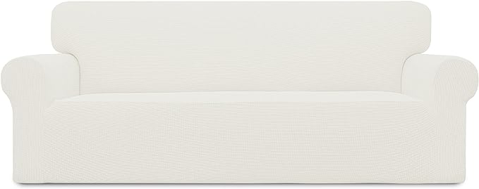 Easy-Going Stretch Sofa Slipcover 1-Piece Sofa Cover Furniture Protector Couch Soft with Elastic Bottom for Kids, Polyester Spandex Jacquard Fabric Small Checks (Sofa, Cream)