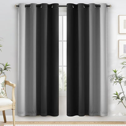 Yakamok 100% Blackout Curtains 72 Inch Length 2 Layers,Black Curtains for Bedroom Ombre Room Darkening Grommet Gradient Drapes, Light Blocking Thermal Insulated Window Curtains for Living Room
