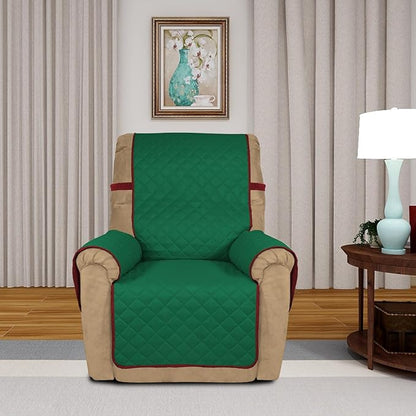 PureFit Reversible Quilted Sofa Cover, Water Resistant Slipcover Furniture Protector, Washable Couch Cover with Non Slip and Elastic Straps for Kids, Dogs, Pets (Small Recliner, Green/Red)