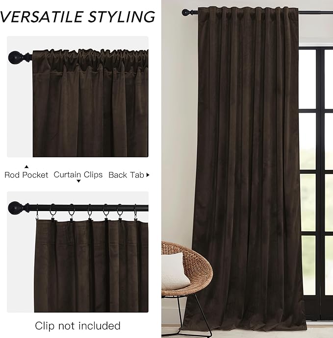 RYB HOME Brown Blackout Curtains 90 inches Long Velvet, Room Darkening Thermal Insulated Drapes with Hook Belt for Bedroom Home Theater, W 52 x L 90 inches, 2 Panels Set