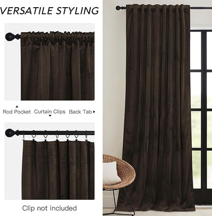 RYB HOME Brown Blackout Curtains 90 inches Long Velvet, Room Darkening Thermal Insulated Drapes with Hook Belt for Bedroom Home Theater, W 52 x L 90 inches, 2 Panels Set