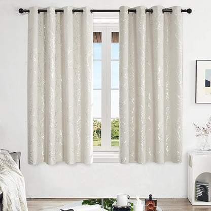 Deconovo Beige Blackout Curtains, Boho Farmhouse Curtain, Thermal Insulated Soundproof Drapes, Silver Branch Print, 52 x 63 Inch Long, Machine Washable Window Panels for Living Room Bedroom, Set of 2