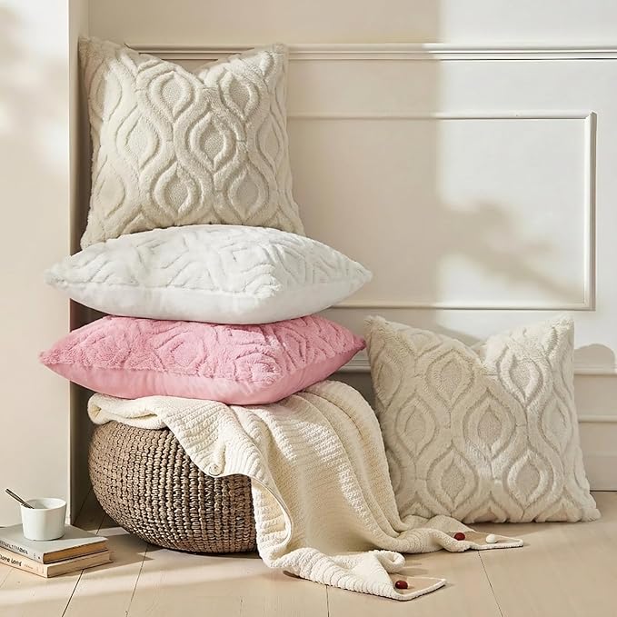 decorUhome Throw Pillow Covers 12x12 Inch Set of 2, Soft Plush Decorative Faux Fur Beige Solid Couch Pillow Covers, Accent Farmhouse Neutral Square Pillow Cases for Sofa Bed Living Room