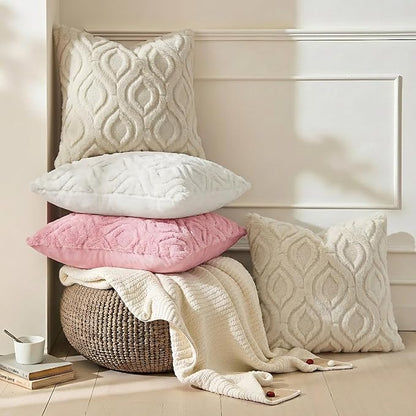 decorUhome Throw Pillow Covers 12x12 Inch Set of 2, Soft Plush Decorative Faux Fur Beige Solid Couch Pillow Covers, Accent Farmhouse Neutral Square Pillow Cases for Sofa Bed Living Room