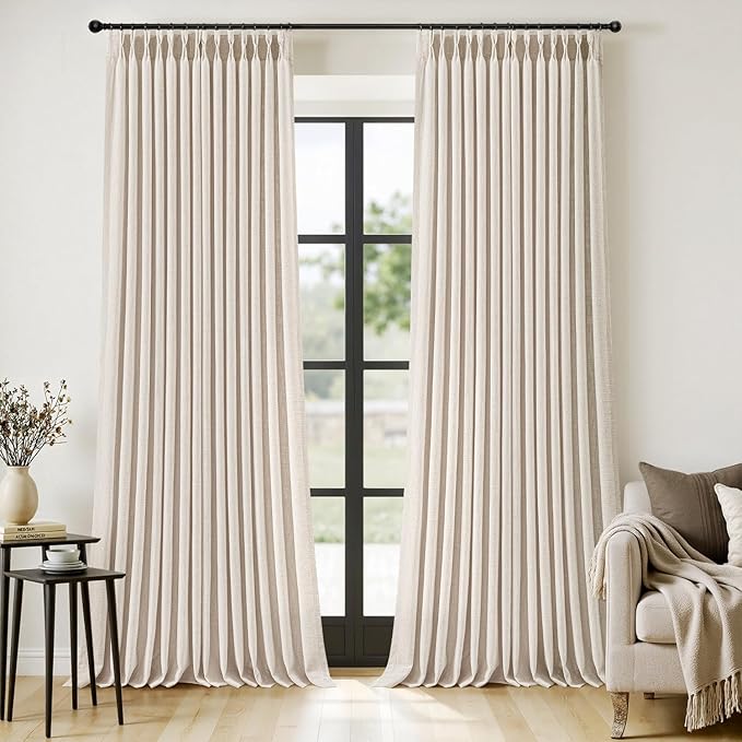 MIULEE Pinch Pleated Thick Linen Curtains 108 Inches Length 2 Panels for Living Room Bedroom, Extra Long Pinch Pleat Drapes Back Tab Light Filtering Cream Ivory Foor to Ceiling Curtains with Hooks