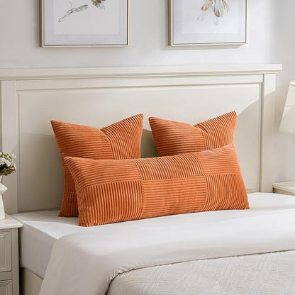 Fancy Homi 2 Packs Burnt Orange Decorative Throw Pillow Covers 18x18 Inch for Living Room Couch Bed Sofa, Farmhouse Boho Home Decor, Soft Corss Corduroy Patchwork Textured Accent Cushion Case 45x45 cm