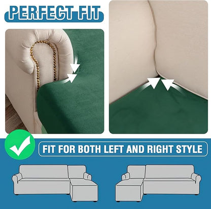 Couch Cover 6-Piece Elastic Velvet Couch Cushion Covers & Chaise Slipcovers for L-Shaped Sofas, Sofa Seat Covers Washable, Soft Cover for Couches (5 Seater + Chaise, Christmas Green)