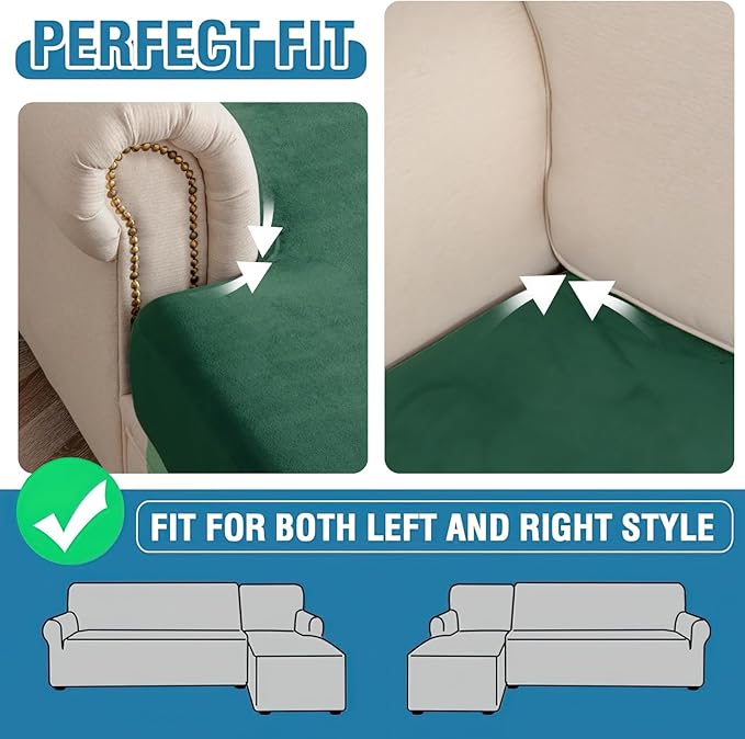 Couch Cover 8-Piece Elastic Velvet Couch Cushion Covers & Chaise Slipcovers for L-Shaped Sofas, Sofa Seat Covers Washable, Soft Cover for Couches (7 Seater + Chaise, Christmas Green)