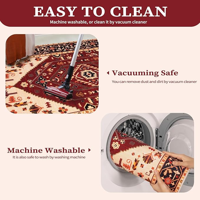 SERISSA 5x7 Boho Area Rug, Washable Non-Slip Rugs for Living Room, Large Red Black Rug Ultra Soft Vintage Oriental Print Distressed Carpet for Bedroom Dining Room Dorm Office Home Decor