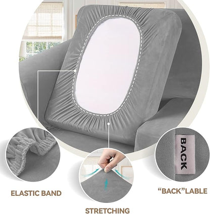 WEERRW Velvet Stretch Chair Sofa Slipcover - 2 Pieces Luxury Soft Velvet Plush Couch Cover Furniture Protector with Elastic Bottom for Pets, Machine Washable, Silver, Small