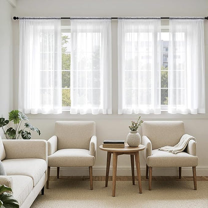 MIULEE Short Sheer Curtains 45 Inches Long, 4 Panels Set, Light Filtering Rod Pocket Curtains for Kitchen/Bathroom Small Windows, 42W x 45 Inches, White