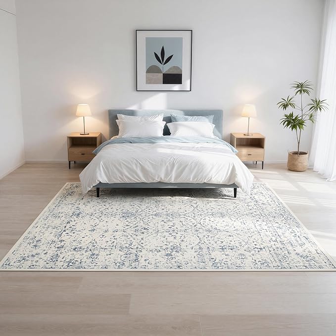 Washable Rugs 8x10 Area Rugs for Living Room- Large Vintage Rugs for Bedroom,Dining Room,Ultra Soft Low Pile Foldable Carpet with Non Slip Rubber Backing,Neutral Accent Rug(White-Blue)