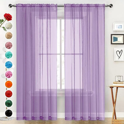 SpaceDresser Sheer Voile Window Treatment Rod Pocket Curtain Panels for Kitchen Bedroom Living Room Drapes Sunlight Filtering Privacy Semi Home Decor Assorted (Lavender, 52 W x 108 L)