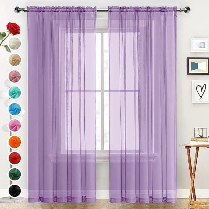 SpaceDresser Sheer Voile Window Treatment Rod Pocket Curtain Panels for Kitchen Bedroom Living Room Drapes Sunlight Filtering Privacy Semi Home Decor Assorted (Lavender, 52 W x 90 L)