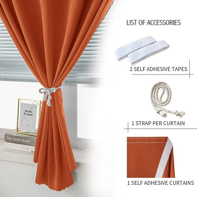 Self Adhesive Curtains Portable Blackout Curtain Simple and Easy to Install Bedroom Window Thermal Lnsulated Kitchen Room Darkening Black Small Drapes, 59" W X 59" L, Orange, 1 Panel