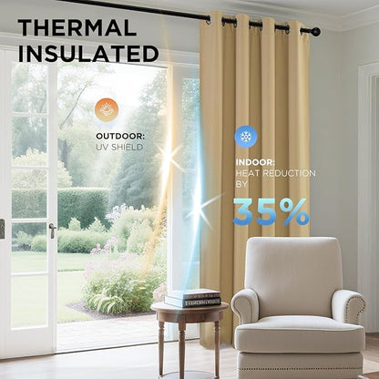 Joydeco Blackout Curtains 54 Inch Length 2 Panels Set, Thermal Insulated Long Curtains& Drapes 2 Burg, Room Darkening Grommet Drapes for Living Room Bedroom Window (W52 x L54 Inch, Beige)