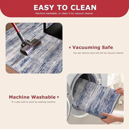 KOZYFLY Modern Abstract Circle Rug 3Ft, Washable Kitchen Round Rug Non-Slip Soft Small Bathroom Rug, Grey-Blue Striped Entryway Rugs Faux Wool Doormat for Bedside Entrance Bedroom Sink