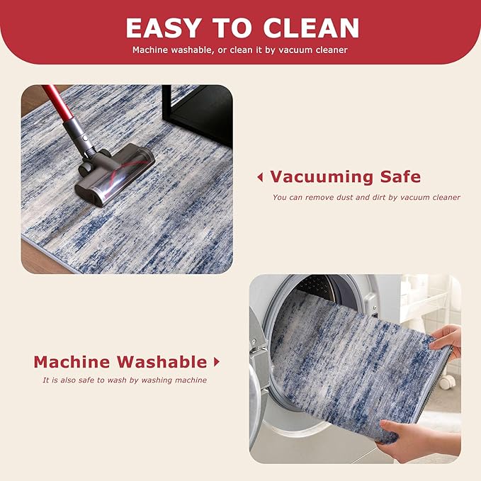 KOZYFLY Abstract Modern Washable 3x5 Area Rug Non-Slip Kitchen & Entryway Rug, Grey Blue Throw Rugs Indoor Mat for High-Traffic Door Entrance, Laundry, Nursery, Soft Bedroom Living Room Accent