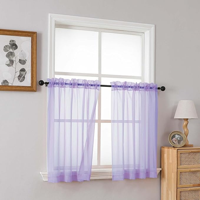 Lavender Sheer Curtains Tier 30 Inches Length 2 Panels, Light Filtering Lightweight Soft Window Treatments Drapes, Cute Elegant Cafe Curtains for Nursery, Dual Rod Pocket, 2x42Wx30L Inches