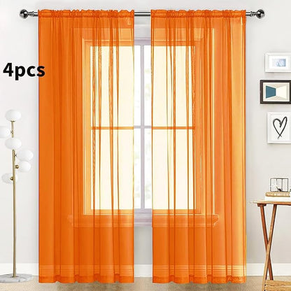 SpaceDresser Orange Sheer Curtains 4 Panels Rod Pocket Semi-Sheer Curtain 90 Inches Long Light Filtering Voile Window Drapes for Bedroom Living Room Kitchen, Each 52W x 90L