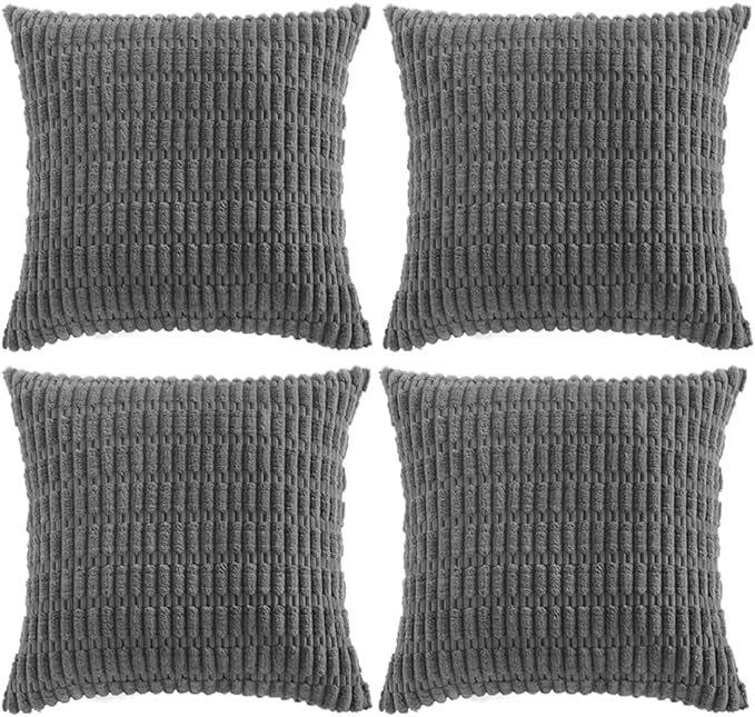 Fancy Homi 4 Packs Dark Grey Decorative Throw Pillow Covers 16x16 Inch for Living Room Couch Bed, Rustic Modern Farmhouse Boho Home Decor, Soft Plush Corduroy Cute Square Accent Cushion Case 40x40 cm
