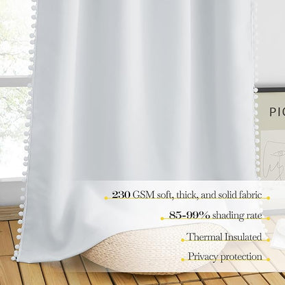NICETOWN Pom Poms Trimming Blackout Curtains, Farmhouse Blackout Window Curtains Set of 2 Panels, Thick Thermal Insulated Vertical Drapes for Girls Boys Room Playroom, Greyish White, W52 x L84 inch