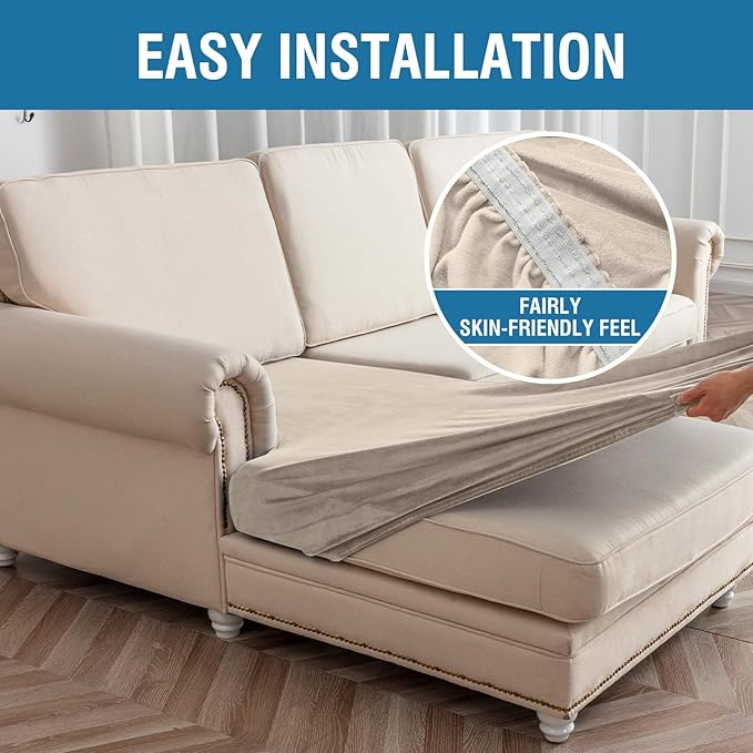 Couch Cover 3-Piece Elastic Velvet Couch Cushion Covers & Chaise Slipcovers for L-Shaped Sofas - Sofa Seat Covers Washable, Soft Protector for Couches (2 Seater + Chaise, Taupe)