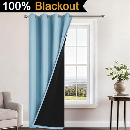 Yakamok 100% Blackout Curtains 84 Inches Long, 2 Thick Layers Heat and Full Light Blocking Soft Thermal Insulated Drapes for Bedroom(52" Wide Each Panel, Sky Blue, 1 Panel)