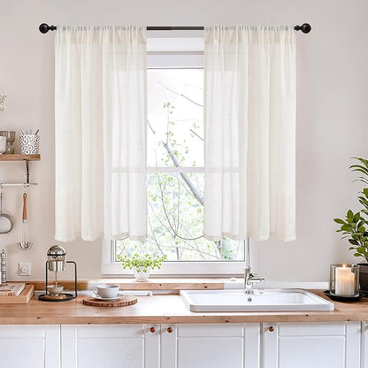 BGment Linen Curtains 40 Inch Length for Kitchen Cafe Window - Rod Pocket Ivory Semi Sheer Drapes Natural Light Filtering for Bedroom Bathroom Lightweight Rustic, 2 Panels Set, 42 X 40 Inch