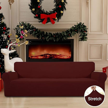 Easy-Going Stretch 4 Seater Sofa Slipcover 1-Piece Sofa Cover Furniture Protector Couch Soft with Elastic Bottom for Kids, Polyester Spandex Jacquard Fabric Small Checks Wine