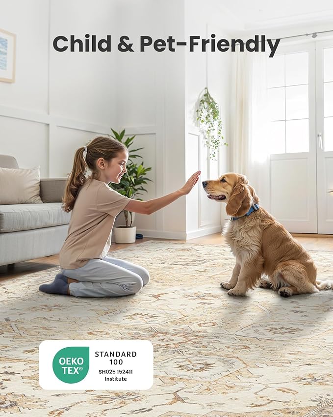 AMADA HOMEFURNISHING 10x14 Washable Area Rug, Low-Profile Large Area Rug with Non-Slip Backing & Durable Edge Binding, Vintage Large Rugs for Living Room, Bedroom & Dinning Room
