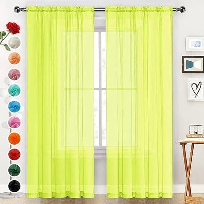 SpaceDresser Basic Rod Pocket Sheer Voile Window Curtain Panels Chartreuse 1 Pair 2 Panels 52 Width 84 Inch Long for Kitchen Bedroom Children Living Room Yard（Chartreuse, 52W x 84L）