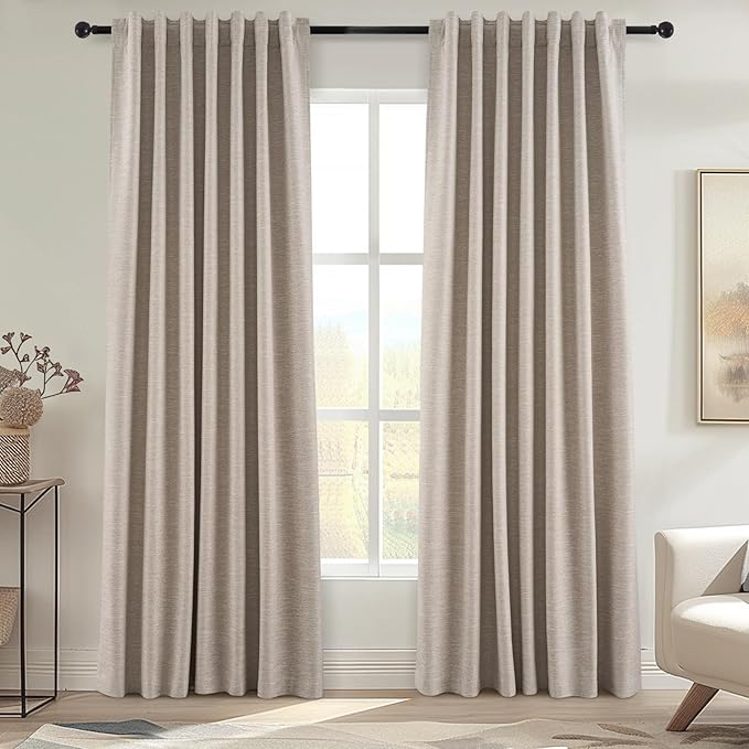 Extra Long Linen Blackout Curtains 132 Inches Long for Bedroom Farmhouse High Ceiling Mount Track Tall Curtain with Hooks Drapes for Sliding Glass Patio Doors 11ft 100% Black Out (W52 xL132 2Panels)
