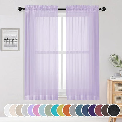 OWENIE Light Purple Sheer Curtains 63 inch Length 2 Panels Set, Rod Pocket Light Filtering Fimly Sheer Curtains for Bedroom Living Room, Soft Solid Color Voile Sheer Curtains, 42Wx63L inch