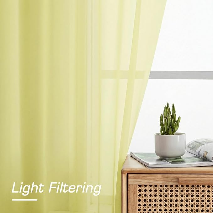 OWENIE Sheer Curtains 96 inches Long 2 Panels Set for Living Room/Bedroom, Rod Pocket Voile Sheer Panel Drapes, Airy Soft Fabric Window Treatments, 2pcs, Each 42" W x 96" L, Light Yellow