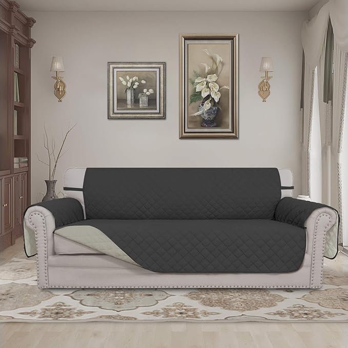 Easy-Going Reversible Couch Cover for 3 Cushion Couch Sofa Cover for Dogs Water Resistant Furniture Protector Cover with Foam Sticks Elastic Straps for Pet Cat (Sofa, Darkgray/Beige)