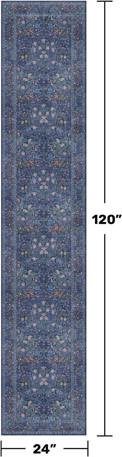 Hazo Haus Non Slip 2x10 Dark Blue Hallway Runner - 10ft Long Runner Rugs, Washable Kitchen Floor Mat - Vintage Navy Floral Design Décor