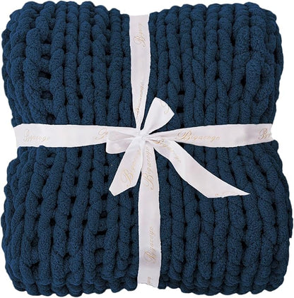 Bigacogo Chunky Knit Throw Blanket for Couch, 40x60 inches, 100% Hand Knitted with Thick Jumbo Chenille Yarn, Cozy Soft Large Rope Knot Cable Crochet Blankets for Sofa Bed Living Room, Navy Blue