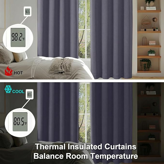 Simplebrand Ava Greyish Purple Blackout Curtains for Bedroom 90 Inches Long 2 Panels Set, Solid Privacy Energy Saving Living Room Window Treatment Curtains Blackout Drapes, W50 x L90 Inch
