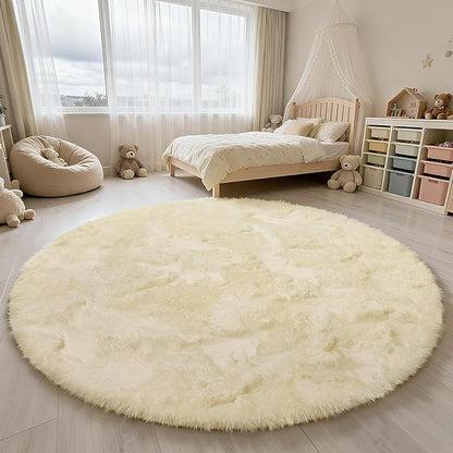 yulidayang Fluffy Round Area Rugs for Bedroom,Ivory 5'X5'Shag Circle Area Rugs for Girls Room,Non Slip Fuzzy Plush Rug for Kids Room Living Room and Dorm Home Rug