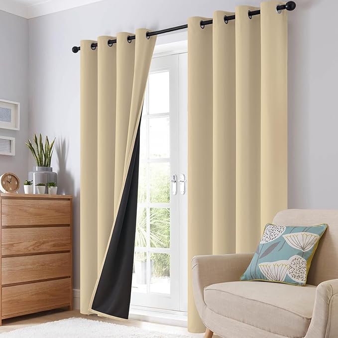 SimpleHome 100% Blackout Curtains for Bedroom,Thermal Insulated Beige Grommet Window Drapes Room Darkening Curtains for Living Room with Black Back,52 x 54 Inch,2 Panels