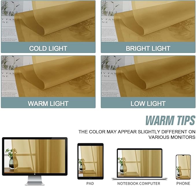 Gold Sheer Curtains for Window 72 inches Long 2 Panels Set, Soft Airy Modern Light Filtering Sheer Curtains for Living Room Bedroom, Dual Rod Pocket Solid Window Drapes, 2x42Wx72L inches